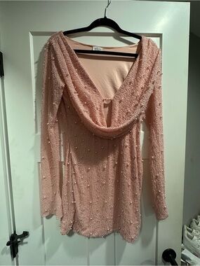 Oh Polly Blush Pink Beaded Cowl Neck Long Sleeve Dress